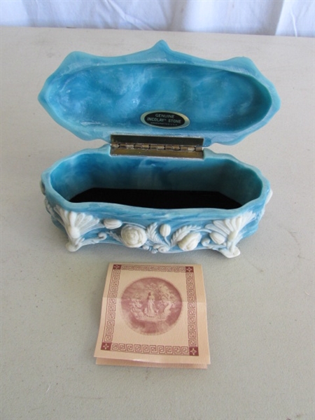 VINTAGE INCOLAY STONE TRINKET BOX & GOLD TONE TRINKET BOX
