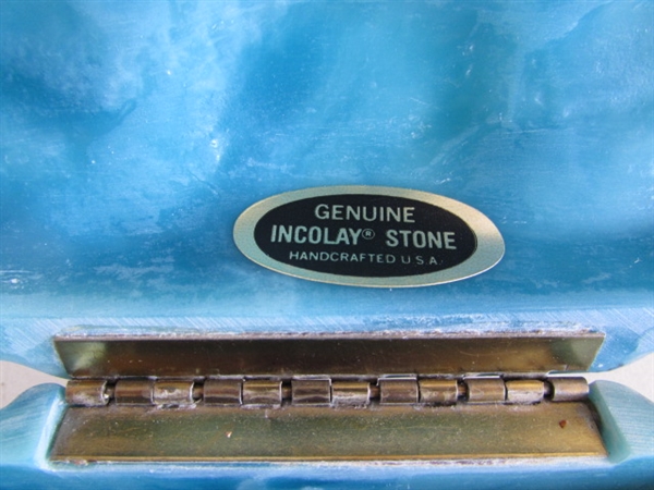 VINTAGE INCOLAY STONE TRINKET BOX & GOLD TONE TRINKET BOX