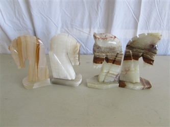 2 SETS OF CARVED ONYX HORSE HEAD BOOKENDS