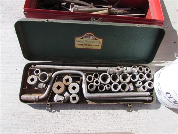 MITER BOX, SMALL METAL TOOL BOX & ASSORTED HAND TOOLS