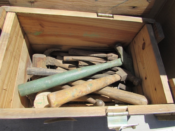 2 VINTAGE WOODEN AMMO CRATES/BOXES WITH ASST HAMMERS, NAILS & MORE