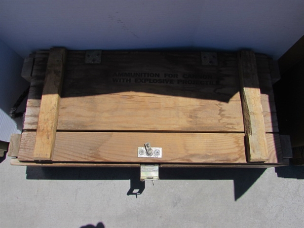 VINTAGE WOODEN AMMO CRATE/BOX WITH PIPE WRENCHES & MORE