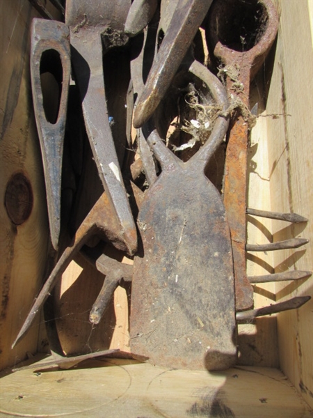 VINTAGE WOODEN AMMO CRATE/BOX WITH AXE, PICKAXES, HOES, RAKES & MORE