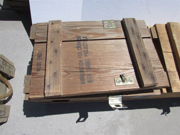 2 VINTAGE WOODEN AMMO CRATES/BOXES WITH WRENCHES, SNAKES, HARDWARE & MORE