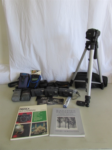 4 OLYMPUS INFINITY 35mm CAMERAS, TRIPODS, BOOKS & MORE