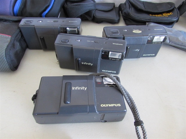 4 OLYMPUS INFINITY 35mm CAMERAS, TRIPODS, BOOKS & MORE