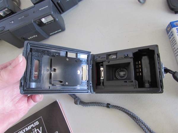 4 OLYMPUS INFINITY 35mm CAMERAS, TRIPODS, BOOKS & MORE
