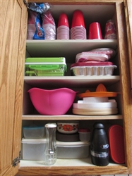 ASSORTED PLASTIC STORAGE CONTAINERS, MINI CHOPPERS & DISPOSABLE CUPS & PLATES