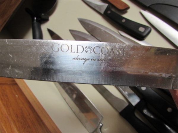 ASSORTMENT OF KITCHEN KNIVES & SHARPENING STONE