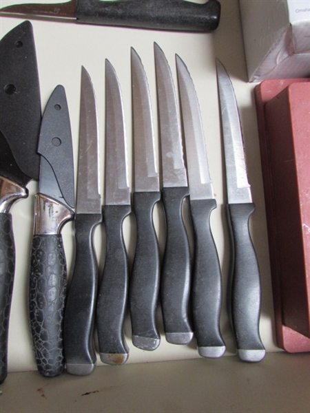 ASSORTMENT OF KITCHEN KNIVES & SHARPENING STONE