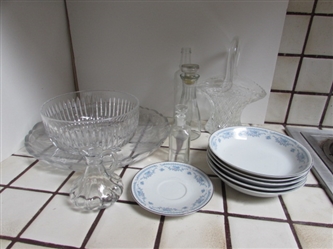 VINTAGE LEAD CRYSTAL LOTUS BOWL, DEPRESSED GLASS SERVING PLATTER, BOTTLES & FINE CHINA