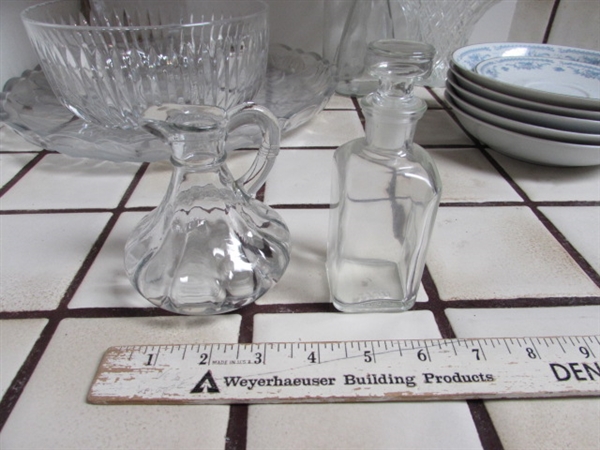 VINTAGE LEAD CRYSTAL LOTUS BOWL, DEPRESSED GLASS SERVING PLATTER, BOTTLES & FINE CHINA