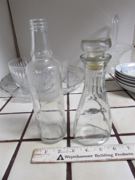 VINTAGE LEAD CRYSTAL LOTUS BOWL, DEPRESSED GLASS SERVING PLATTER, BOTTLES & FINE CHINA