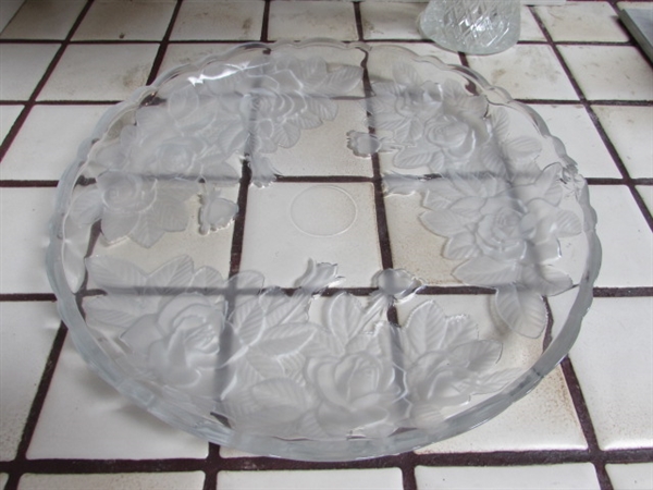 VINTAGE LEAD CRYSTAL LOTUS BOWL, DEPRESSED GLASS SERVING PLATTER, BOTTLES & FINE CHINA