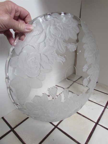 VINTAGE LEAD CRYSTAL LOTUS BOWL, DEPRESSED GLASS SERVING PLATTER, BOTTLES & FINE CHINA