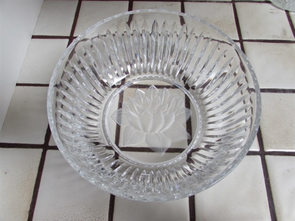 VINTAGE LEAD CRYSTAL LOTUS BOWL, DEPRESSED GLASS SERVING PLATTER, BOTTLES & FINE CHINA