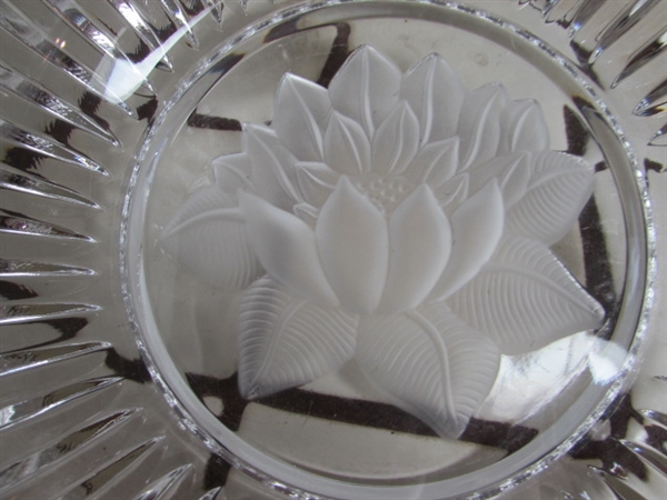 VINTAGE LEAD CRYSTAL LOTUS BOWL, DEPRESSED GLASS SERVING PLATTER, BOTTLES & FINE CHINA