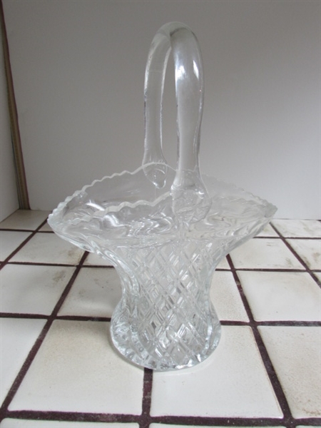 VINTAGE LEAD CRYSTAL LOTUS BOWL, DEPRESSED GLASS SERVING PLATTER, BOTTLES & FINE CHINA