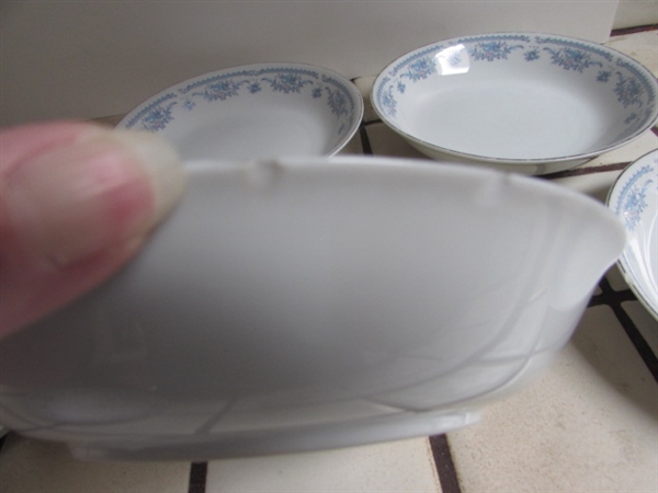 VINTAGE LEAD CRYSTAL LOTUS BOWL, DEPRESSED GLASS SERVING PLATTER, BOTTLES & FINE CHINA