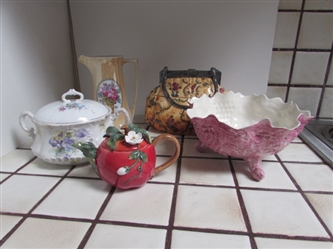 DECORATIVE PURSE COOKIE JAR, VINTAGE TUREEN, NEW APPLE TEAPOT & LEUCHTENBURG PITCHER