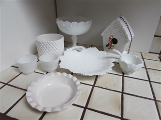 ASSORTMENT OF MILK GLASS, CERAMIC BIRDHOUSE AND PLANTER