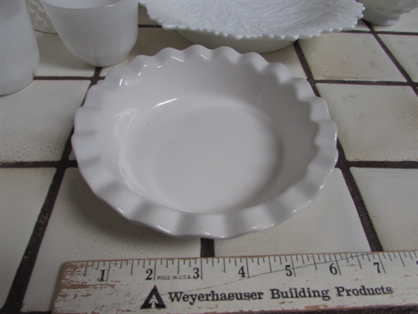 ASSORTMENT OF MILK GLASS, CERAMIC BIRDHOUSE AND PLANTER