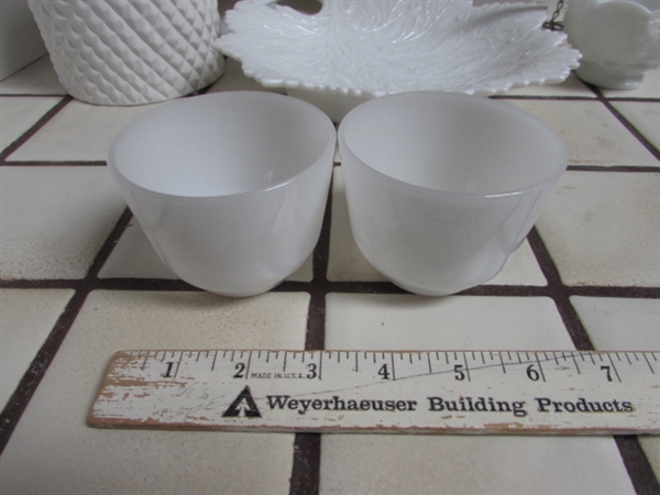 ASSORTMENT OF MILK GLASS, CERAMIC BIRDHOUSE AND PLANTER