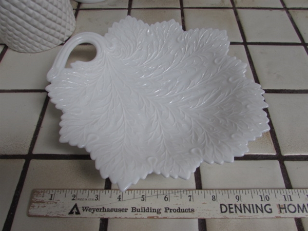 ASSORTMENT OF MILK GLASS, CERAMIC BIRDHOUSE AND PLANTER