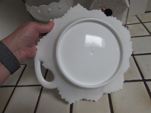 ASSORTMENT OF MILK GLASS, CERAMIC BIRDHOUSE AND PLANTER