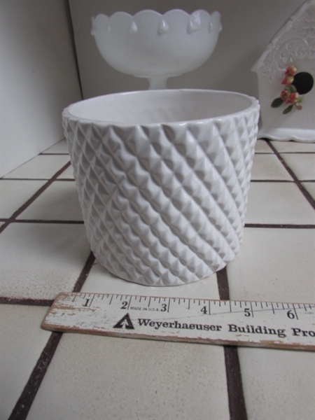 ASSORTMENT OF MILK GLASS, CERAMIC BIRDHOUSE AND PLANTER