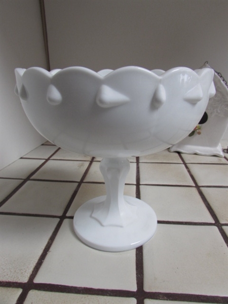 ASSORTMENT OF MILK GLASS, CERAMIC BIRDHOUSE AND PLANTER