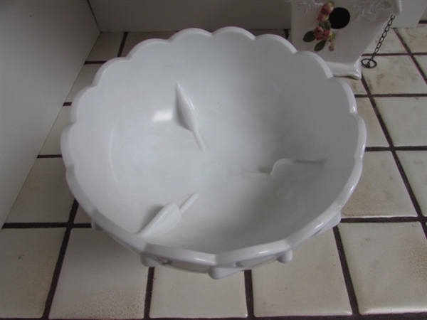 ASSORTMENT OF MILK GLASS, CERAMIC BIRDHOUSE AND PLANTER