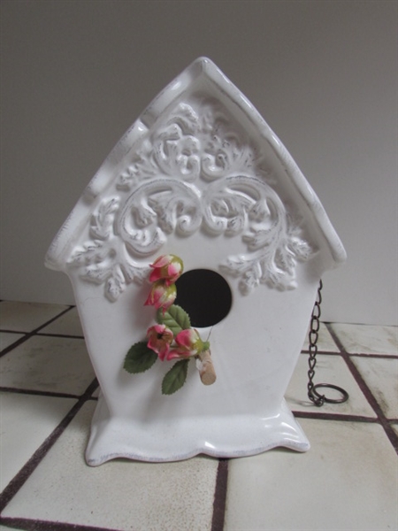 ASSORTMENT OF MILK GLASS, CERAMIC BIRDHOUSE AND PLANTER