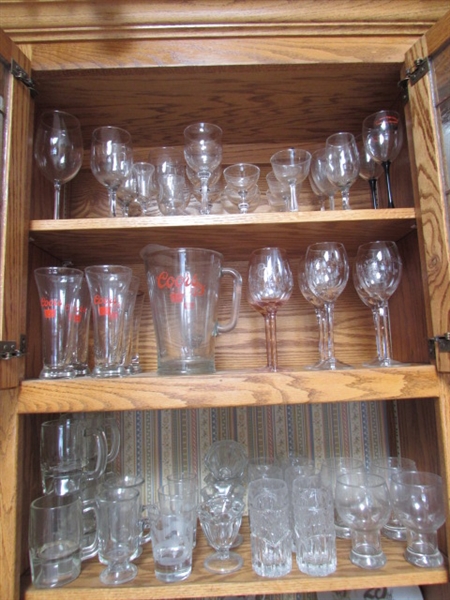 LARGE VARIETY OF GLASSWARE INCLUDING VINTAGE TUMBLERS, PRINCESS HOUSE CRYSTAL AND MORE