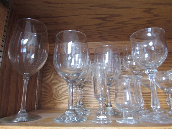 LARGE VARIETY OF GLASSWARE INCLUDING VINTAGE TUMBLERS, PRINCESS HOUSE CRYSTAL AND MORE