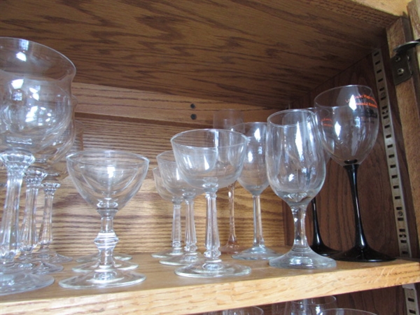 LARGE VARIETY OF GLASSWARE INCLUDING VINTAGE TUMBLERS, PRINCESS HOUSE CRYSTAL AND MORE