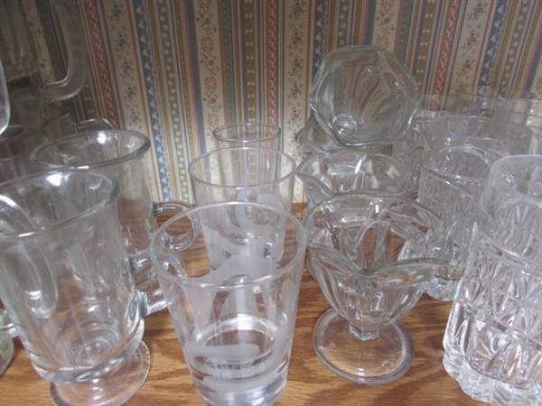 LARGE VARIETY OF GLASSWARE INCLUDING VINTAGE TUMBLERS, PRINCESS HOUSE CRYSTAL AND MORE