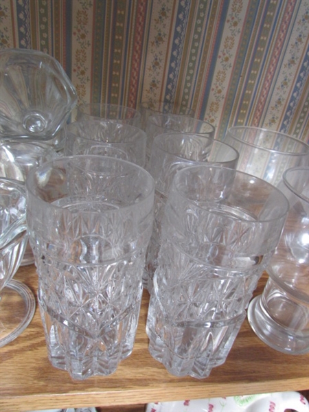 LARGE VARIETY OF GLASSWARE INCLUDING VINTAGE TUMBLERS, PRINCESS HOUSE CRYSTAL AND MORE