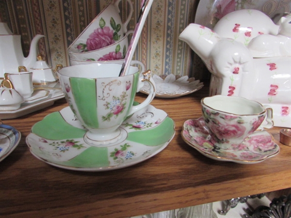 VARIETY OF MINIATURE TEA CUPS, SAUCERS AND TEAPOT W/ ONE 25 YEAR ANNIVERSARY PLATE