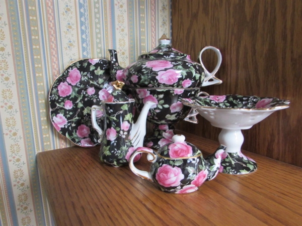 VICTORIA'S GARDEN TEA CUP, SAUCERS & POTS