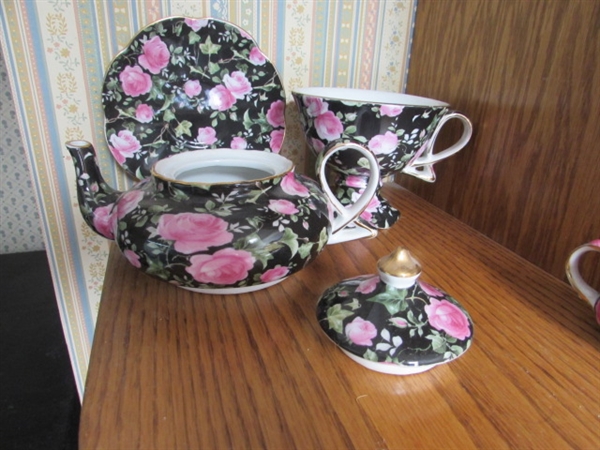 VICTORIA'S GARDEN TEA CUP, SAUCERS & POTS