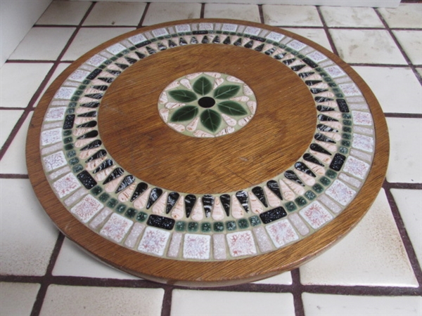 VINTAGE SALON PRIMROSE BOWLS, LARGE TILE TRIVET, TOOTHPICK HOLDERS AND STONEWARE CREAM AND SUGAR