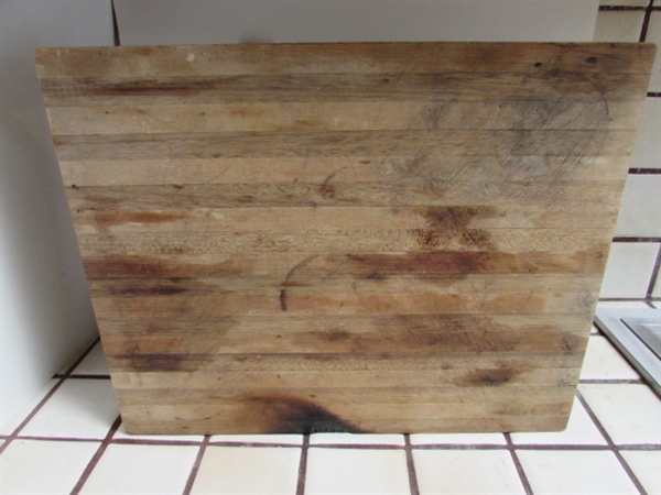 VINTAGE CARVING BOARD, CUTTING BOARDS AND WOODEN SPOONS