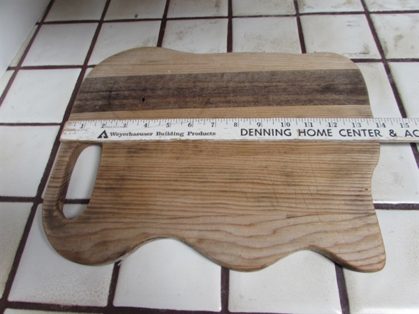 VINTAGE CARVING BOARD, CUTTING BOARDS AND WOODEN SPOONS