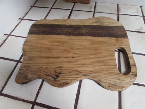 VINTAGE CARVING BOARD, CUTTING BOARDS AND WOODEN SPOONS