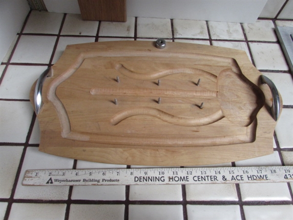 VINTAGE CARVING BOARD, CUTTING BOARDS AND WOODEN SPOONS
