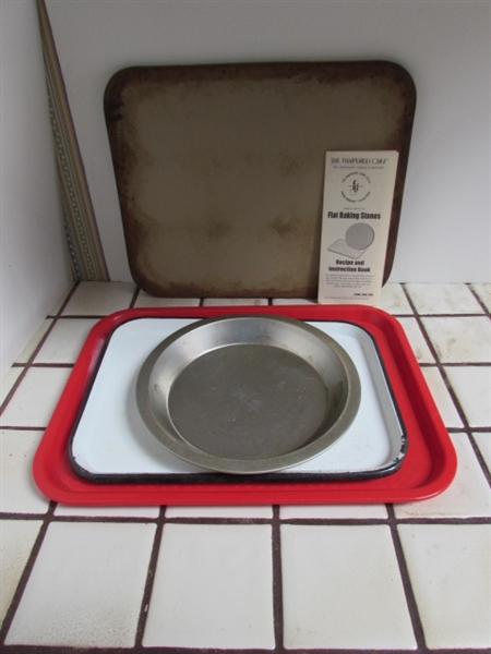 PAMPERED CHEF BAKING STONE, ENAMEL COOKIE SHEET, SERVING TRAY AND PIE PLATE