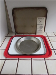 PAMPERED CHEF BAKING STONE, ENAMEL COOKIE SHEET, SERVING TRAY AND PIE PLATE