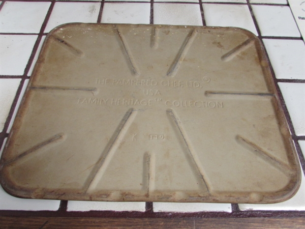 PAMPERED CHEF BAKING STONE, ENAMEL COOKIE SHEET, SERVING TRAY AND PIE PLATE