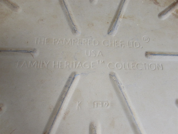 PAMPERED CHEF BAKING STONE, ENAMEL COOKIE SHEET, SERVING TRAY AND PIE PLATE